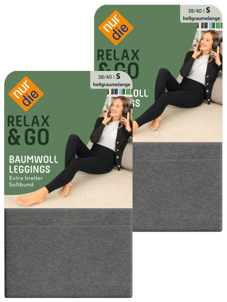 NUR DIE Baumwoll Leggings - Relax & Go 2er Pack - hellgraumelange - Größe 38-40